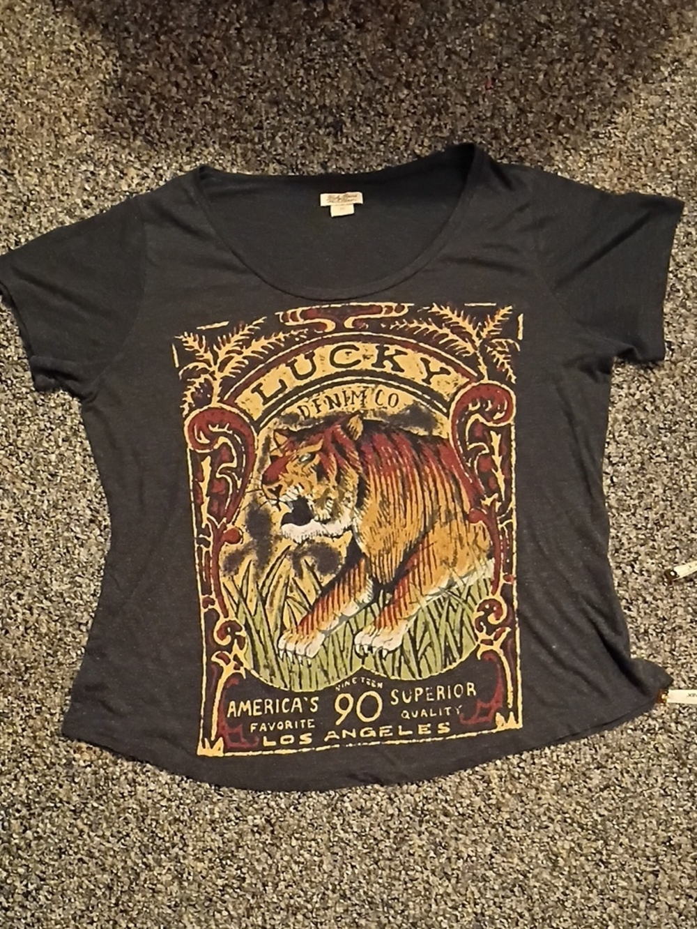 Lucky Brand Black Short Sleeve Tee with Vintage Tiger Artwork